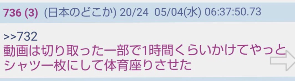 「動画は切り取った一部で1時間くらい書けてやっとシャツ一枚にして体育座りさせた」という投稿